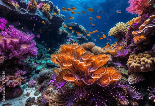a coral reef with lots of different colorful corals and small tropical fish © Wirestock