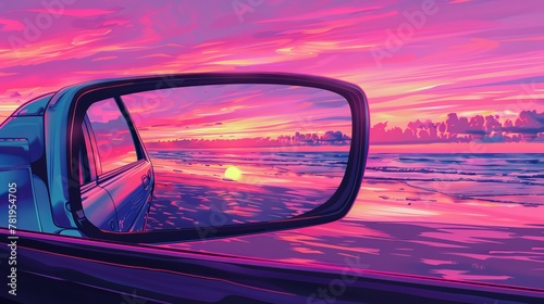 illustration of a rearview mirror with a beach, automobile, vaporwave, holiday, anime, and low-fi sunset