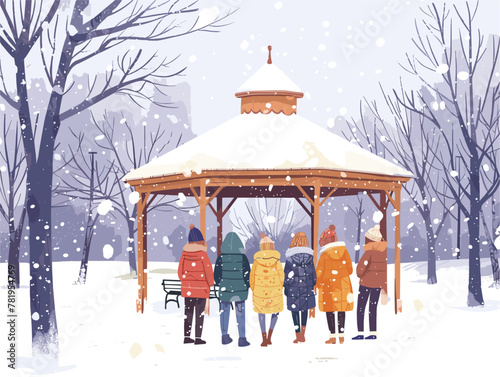 Animated winter wonderland of friends huddled together for warmth and camaraderie