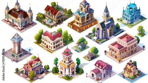 Isometric building set for design. There are additional comparable illustrations available.   combined to create a city. 