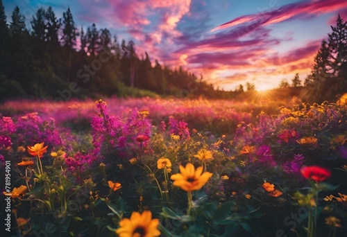 a flower field with pink flowers in the background and a purple sky