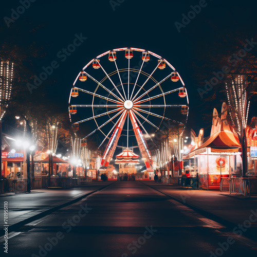 Carnival ferris wheel lit up at night.