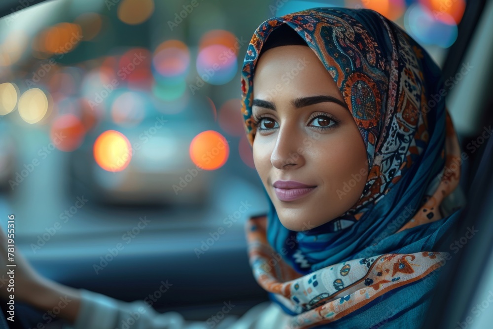 Smiling Muslim woman driving a car, side view, selective focus Smiling Muslim woman driving a car, side view, selective focus