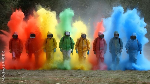 some men in yellow rain suits and helmets standing in front of a rainbow dust bomb
