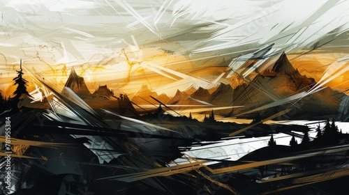 Abstract Sunset Landscape with Stylized Mountains and Dynamic Brush Strokes