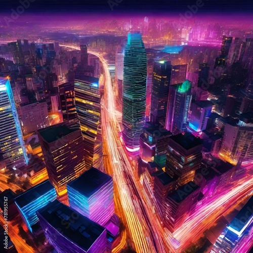 a city at night from above with long exposure light trails