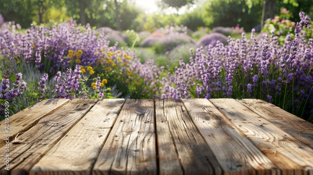 Obraz premium Empty wooden table in Lavender flower park with garden bokeh background and rustic theme, product display template mockup.