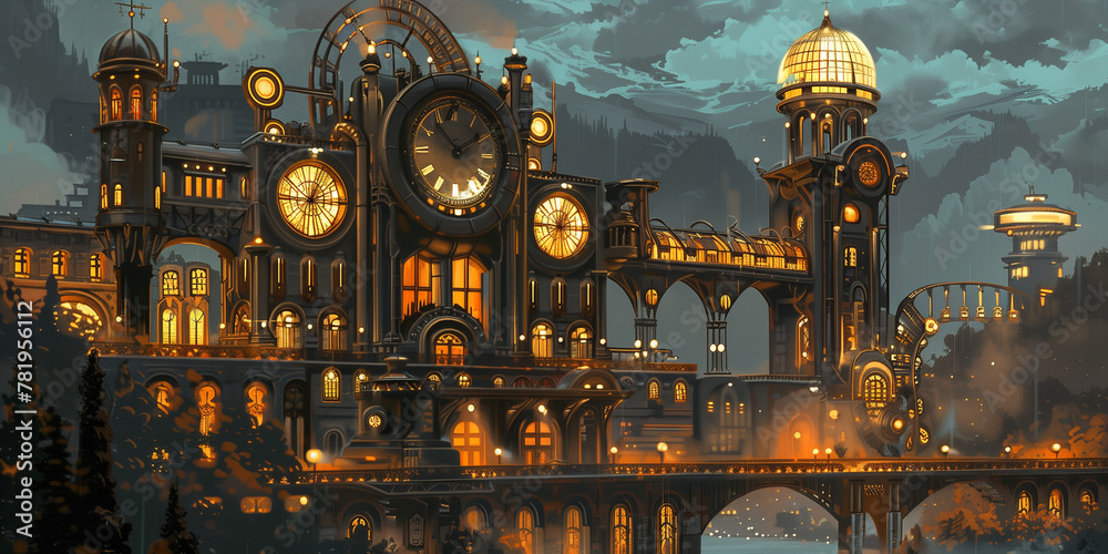 fortress, castle, old town, construction, vintage background, products, enginer, generative, ai, steampunk, clock background, , machine, mechanical, blue, gold, gear, clock, watch, mechanism,