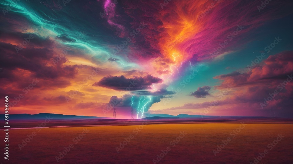 AI generated illustration of vibrant clouds painting the sky above a lightning-streaked field