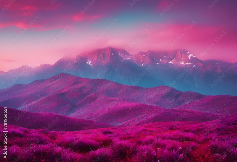 purple and pink mountains in the distance with clouds and grass