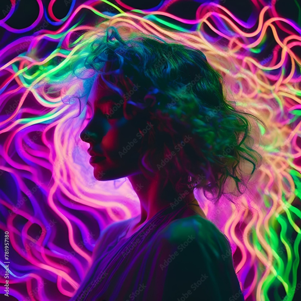 woman with curly hair, looking up at a brightly lit light painting