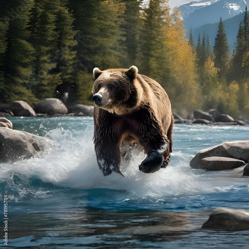bear running across water with rocks in front of trees and mountains © Wirestock