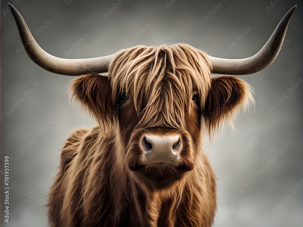 a brown scottish cow with a huge horns stands against a gray background