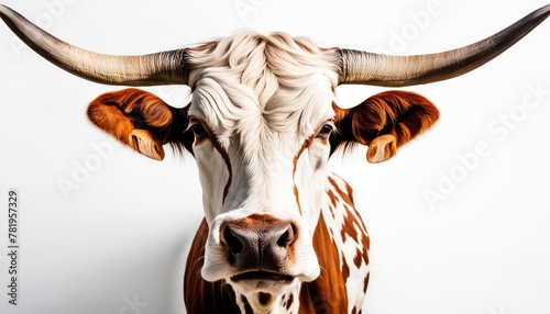 a close up of a cow with long horns on a white wall