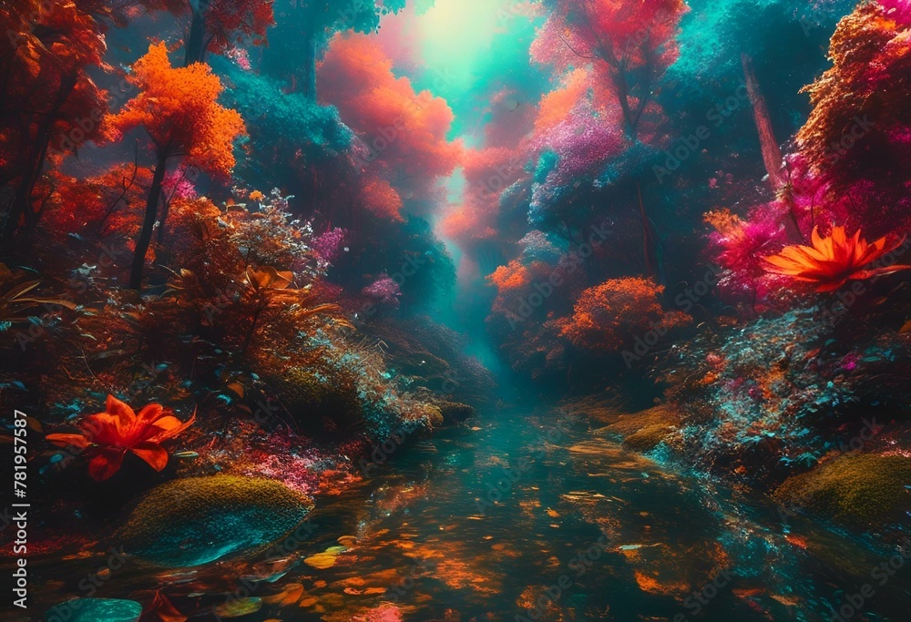 an image of a beautiful, colorful landscape with a small stream flowing through it