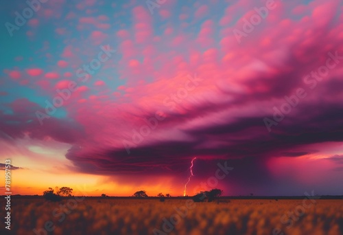the sky with lightning coming out of it and over a wheat field