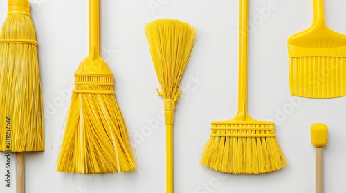 Set against a white backdrop with yellow brooms