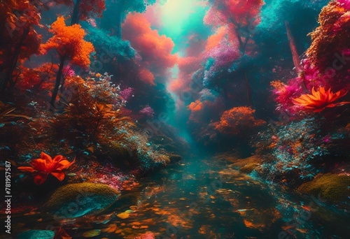 an image of a beautiful, colorful landscape with a small stream flowing through it