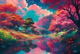 the painting is colorful and peaceful with a lake in it