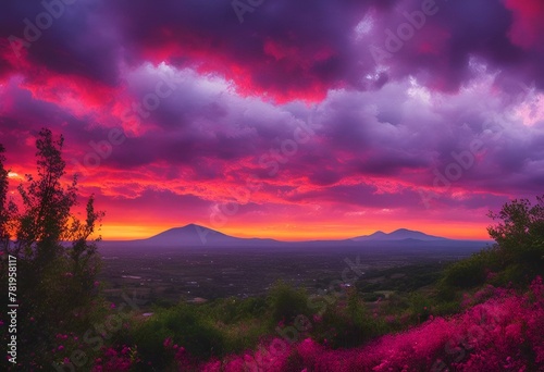 AI generated illustration of dramatic red and pink skies cast an ethereal glow over mountain peaks