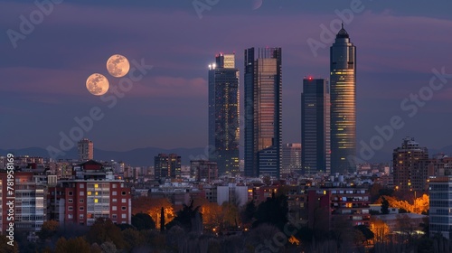 Four Towers Skyline with a super moon. Madrid, Spain. photo