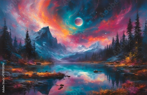 AI generated illustration of a colorful sky reflecting on a serene lake