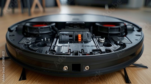 Technical specifications of the robot vacuum cleaner. Look down from above. Brushes, wheels and sensors. close up