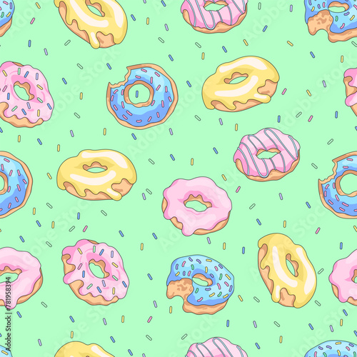 Vector seamless pattern with donuts.  Editable hand drawn pattern. Perfect pictures for fabric, textile, clothing, wrapping paper, wallpaper