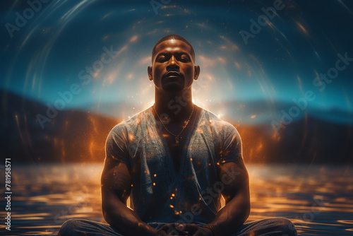 young athletic black man meditates on sea shore, with aura of energy around him, natural sea background.