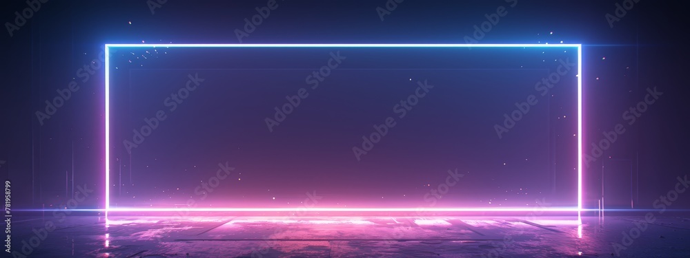 abstract neon background with glowing square frame on a dark stage podium platform with smoke and light rays. 