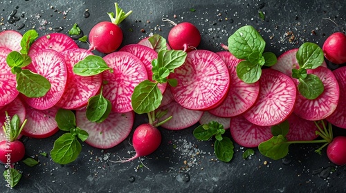 Radish sliced arranged in a pattern, showcasing their crisp texture and peppery flavor. AI generate illustration