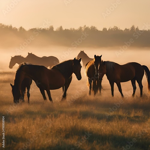 AI generated illustration of horses grazing in a grassy field at sunrise © Wirestock
