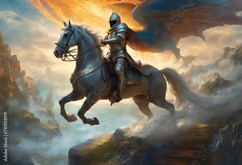 AI generated illustration of a knight on horse with sword and helmet riding through clouds © Wirestock