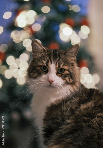 Vertical closeup of a beautiful Norwegian forest cat with bokeh lights in the background
