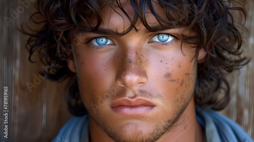 a young man wearing a blue scarf and with freckles on his face