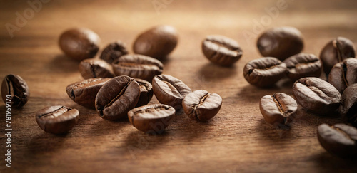 Close-up of perfect roasted coffee beans scattered on wooden table. Soft lighting. Coffee banner. AI generation