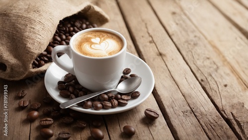 White porcelain mug with hot steaming espresso next to scattered coffee beans from bag, on dark wooden background. Copy space. Breakfast latte drink. Generative Ai