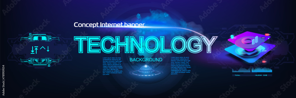 Technologies. Internet banner concept. Background with neon flash and Technology title. Futuristic internet banner concept with modern digital graphics and HUD style splash screen. Internet technologi Technologies. Internet banner concept. Background with neon flash and Technology title. Futuristic internet banner concept with modern digital graphics and HUD style splash screen. Internet technologi