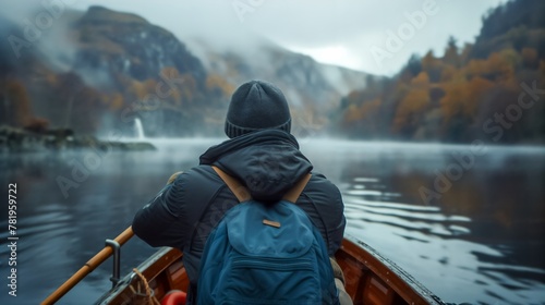 AI generated illustration of a person with blue backpack paddling on a boat © Wirestock