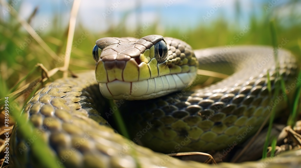 A snake hidden in the grass and waiting for prey A snake hidden in the grass and waiting for prey