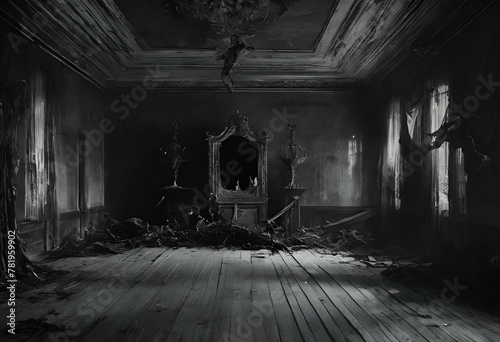 AI generated illustration of an abandoned living room with mirror and worn flooring boards photo