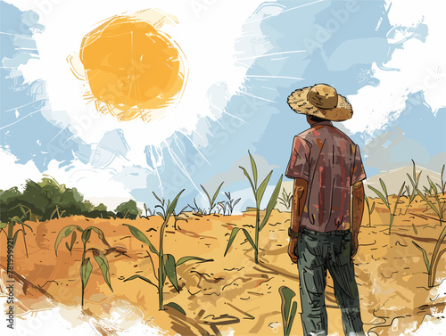 Despairing Farmer's Arid Fields: A Pleading Gaze for Life-Giving Rain