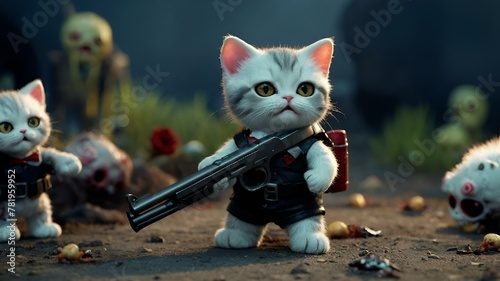 AI generated illustration of a cute cat standing between some cat zombies and holding a gun
