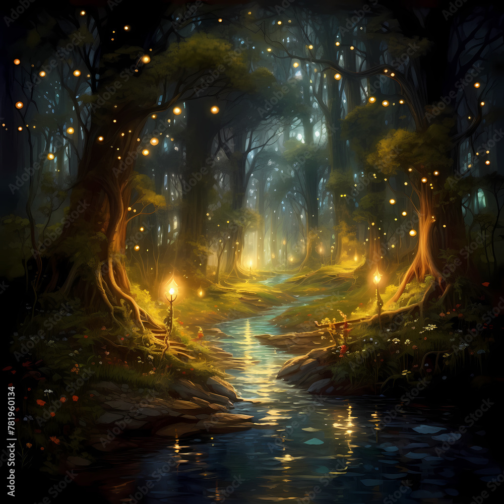 Enchanting forest with glowing fireflies.
