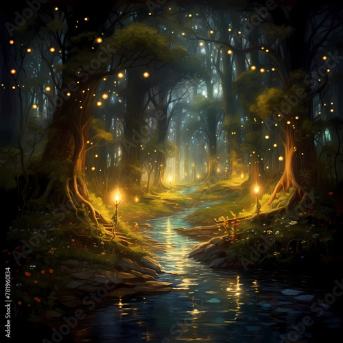 Enchanting forest with glowing fireflies.
