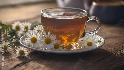 Camomile cup of tea close up