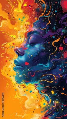 Abstract portrait of a woman's profile enveloped in a cosmic dreamscape, depicted with vivid and swirling colors suggesting a deep celestial connection.
