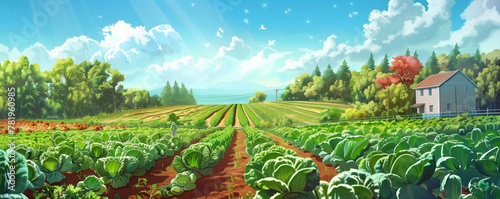 Vegetable farm field on a sunny summer day, beautiful rural panoramic landscape, vegetable agriculture background, illustration generative ai 