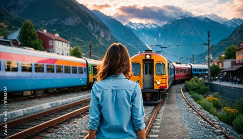 woman with long brown hair and blue shirt staring at yellow train