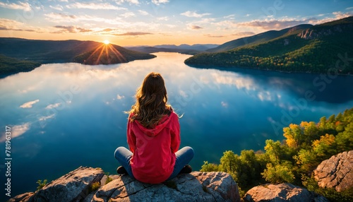 Girl standing on a sunset-lit hill, admiring serene lake, majestic mountains, and picturesque valley
